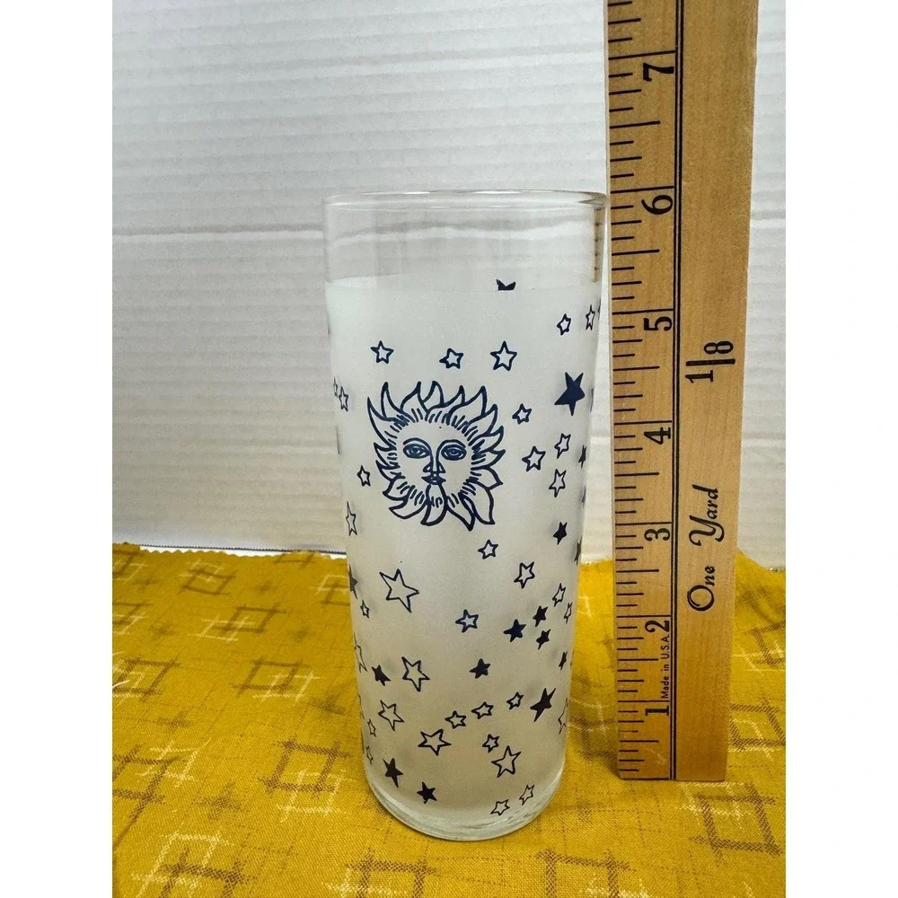 Vintage 90's Frosted Celestial Highball Glass Blue Sun‎ Moon Stars Tumbler